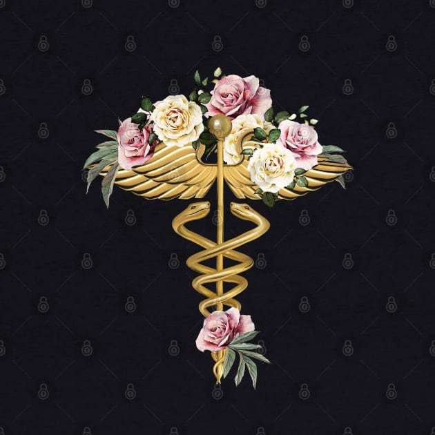 Floral Caduceus Art Medical, medical illustration art, floral caduceus stickers, medical symbol by Collagedream